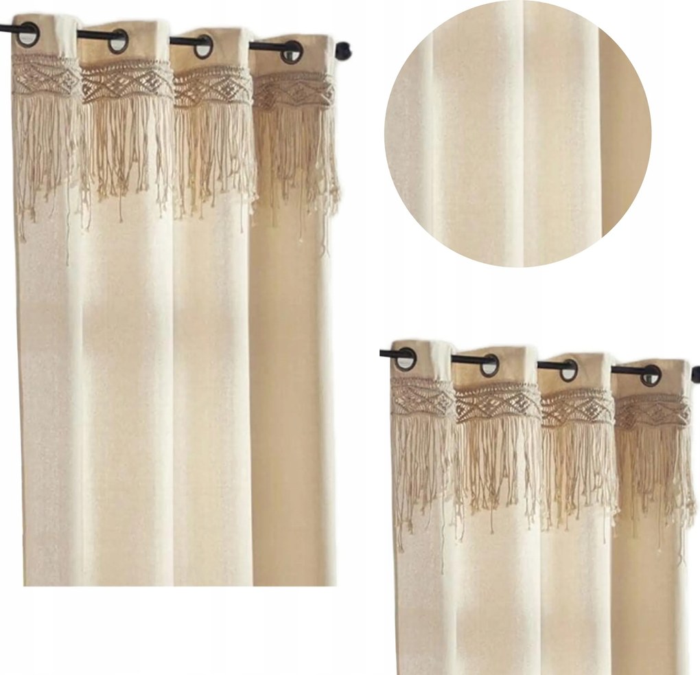 Boho bézs függöny gurulós, makramé klasszikus 140x260 cm