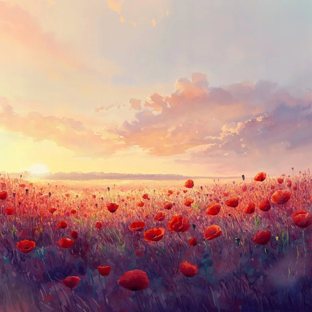 Vászonkép Canvas Akvarell Tájkép Mező Rét Virágok Pipacsok Nap 80x80