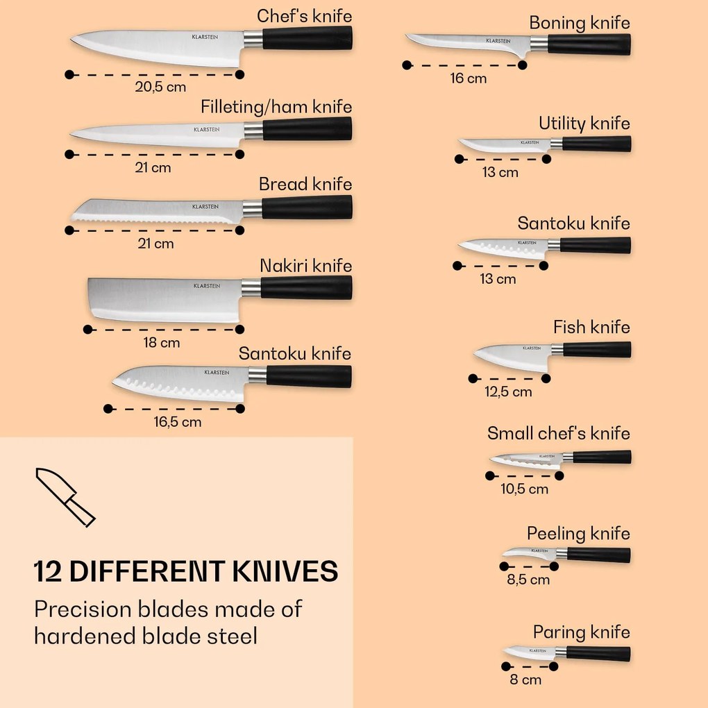Kitano XL, késkészlet tömbbel, 13 darabos, 12 kés, acél, luxus fa blokk