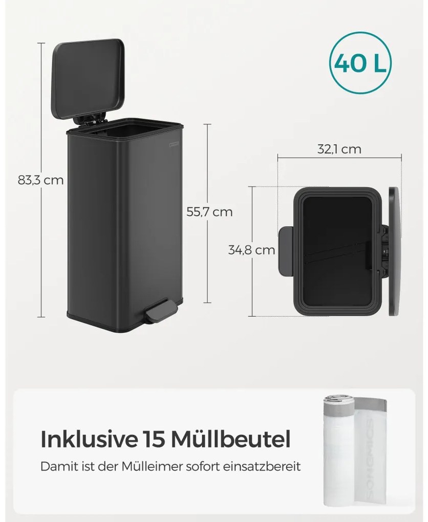 Pedálos szemeteskuka 40L, fekete, 15 szemeteszsákkal
