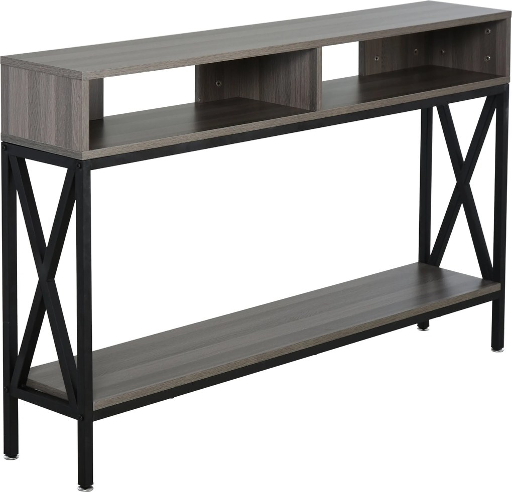 HOMCOM Előszobai Konzoltámla 2 Rekesszel és Polccal 120x23,5x75 cm Szürke és Fekete | Aosom
