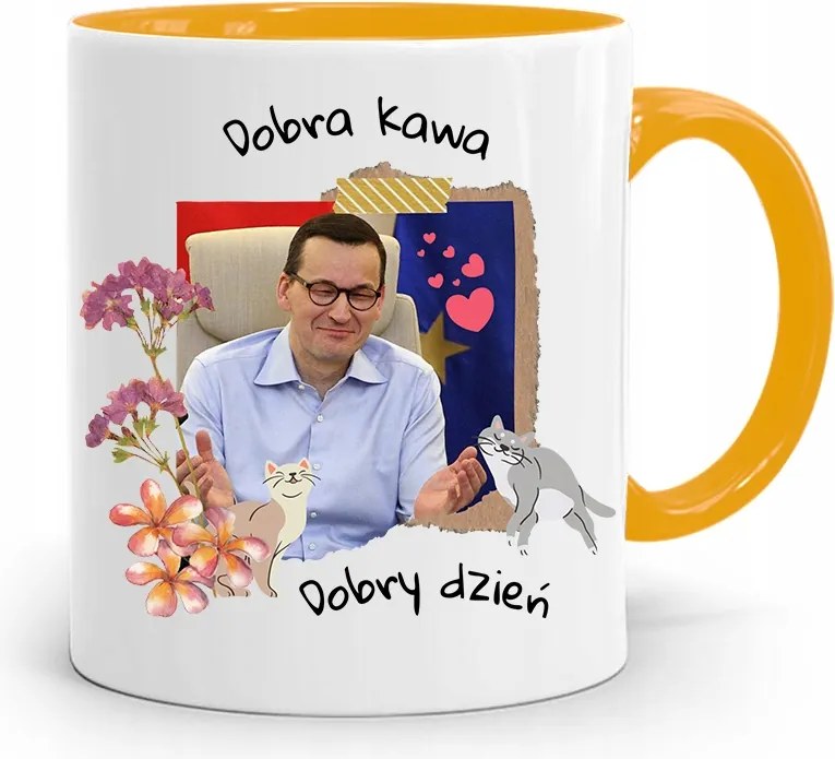 Sárga Politikus Bögre Mateusz Morawiecki Miniszterelnök fényképes nyomtatással