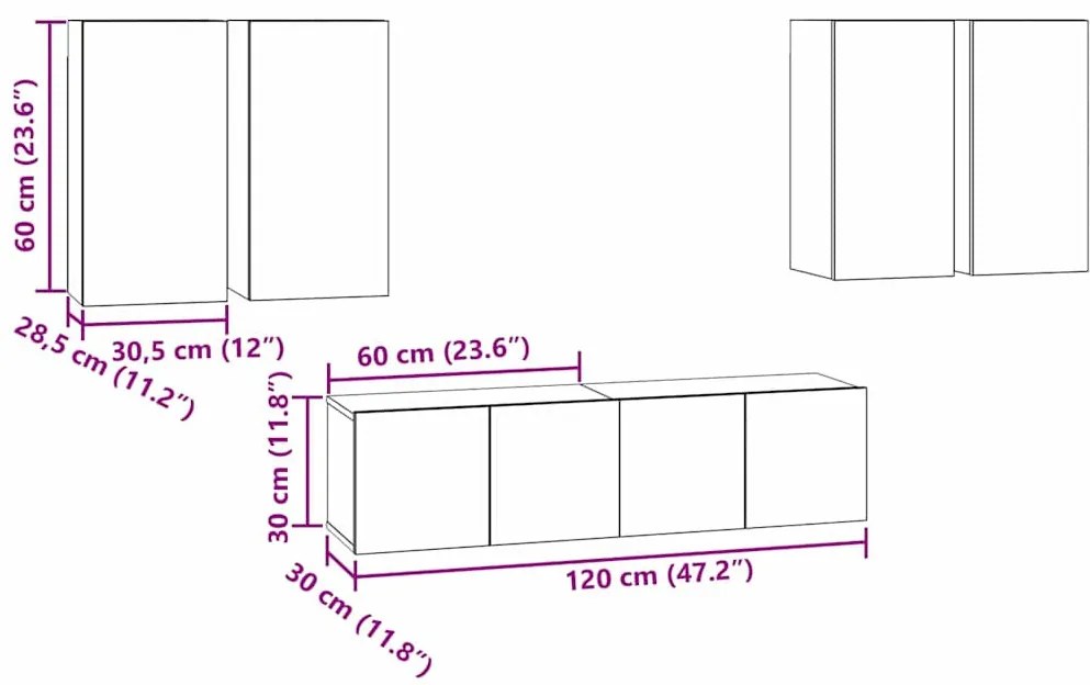 TV szekrény garnitúra 6 pcs Musta tammi 60 x 30 x 30 cm Faanyag