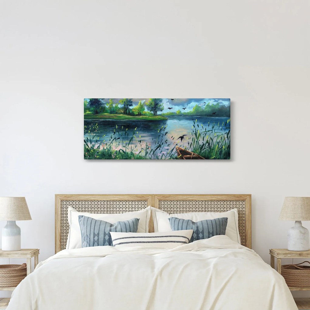 Kép - olajfestmény, Nyári este a tónál (120x50 cm)