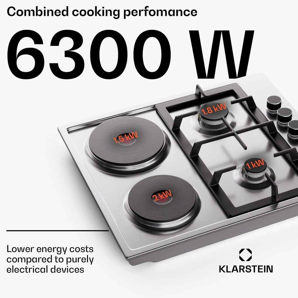 Klarstein MultiChef 4 Hot Plate, villany és gáz főzőlap, 4 főzőzóna, 2 égő, 2 villany főzőlap