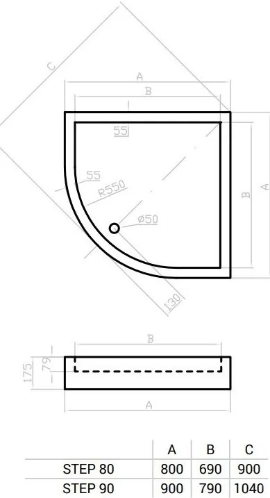 Favorit STEP zuhanytálca íves - szaniter akril - 90 x 90 cm