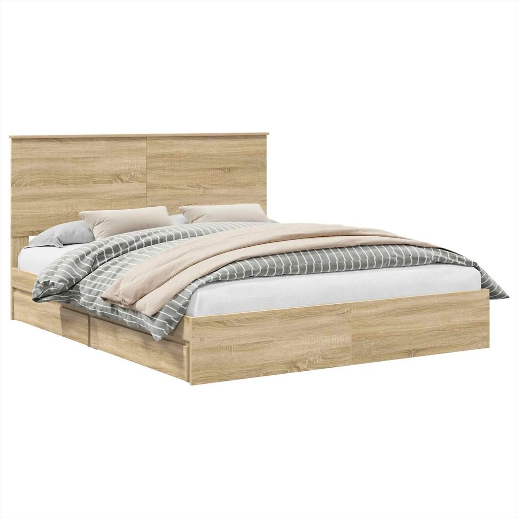 vidaXL Tárolós Ágy fejtámlával Sonoma tölgy 160 x 200 cm Faanyag
