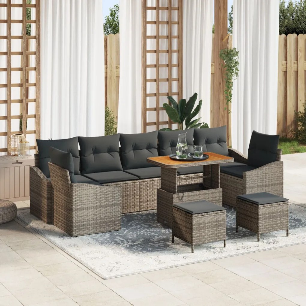 10 részes kertibútor szett párnákkal, szürke poli rattan akácia, 2-személyes kertibútor párnákkal, szürke poli rattan, 3 részes kertivacsora szett párnákkal, szürke poli rattan akácia