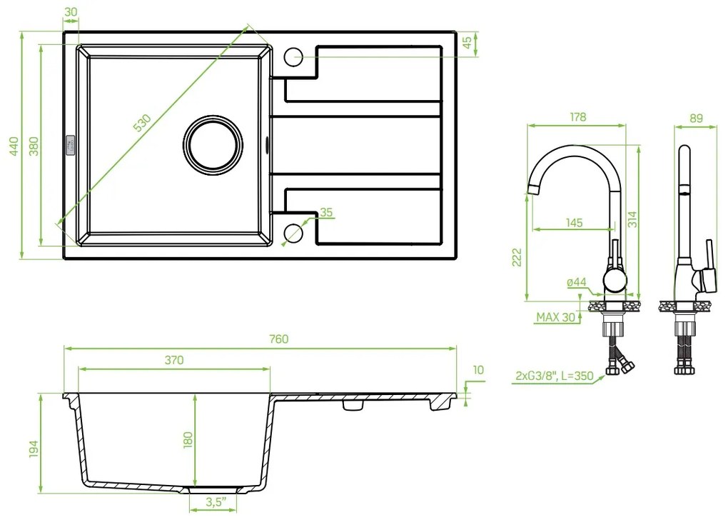 Laveo Barbados, 1 kamrás gránit mosogató 760x440x194 mm, bézs, LAV-SBBA411T