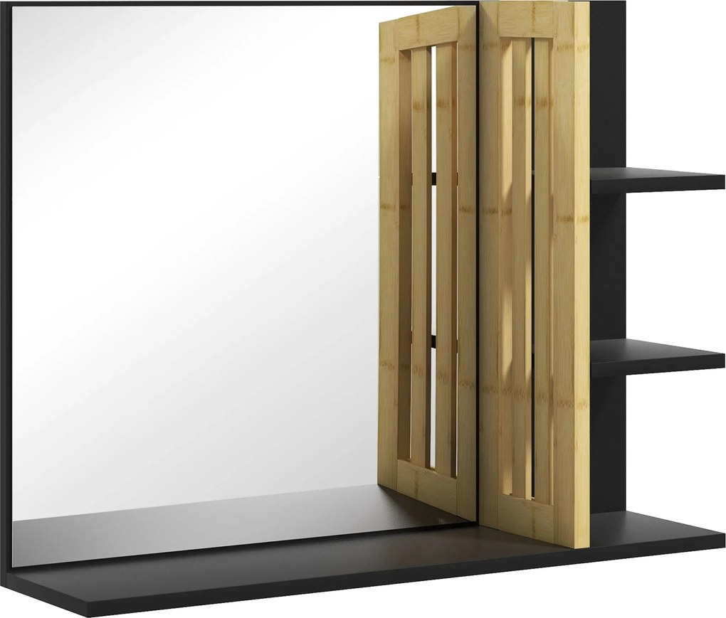 HOMCOM Fali Fürdőszoba Tükör Tároló Polcokkal - 3 Oldalsó Polc + 1 Alsó Polc - Bambusz Fa | Aosom