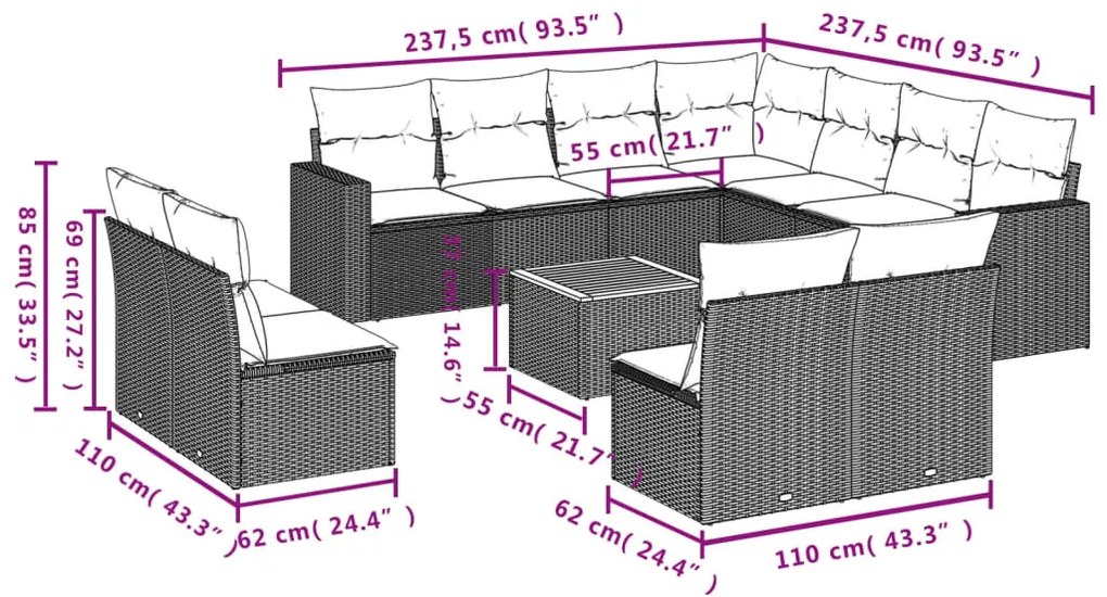 12 részes bézs polyrattan kerti ülőgarnitúra párnákkal