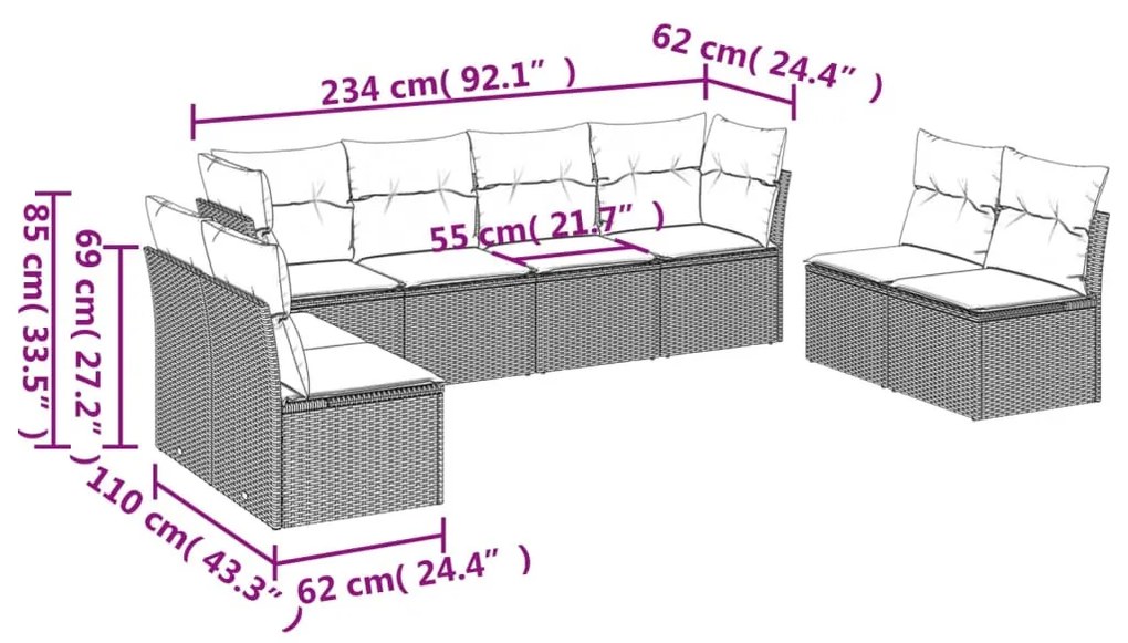 8 részes világosszürke polyrattan kerti ülőgarnitúra párnával