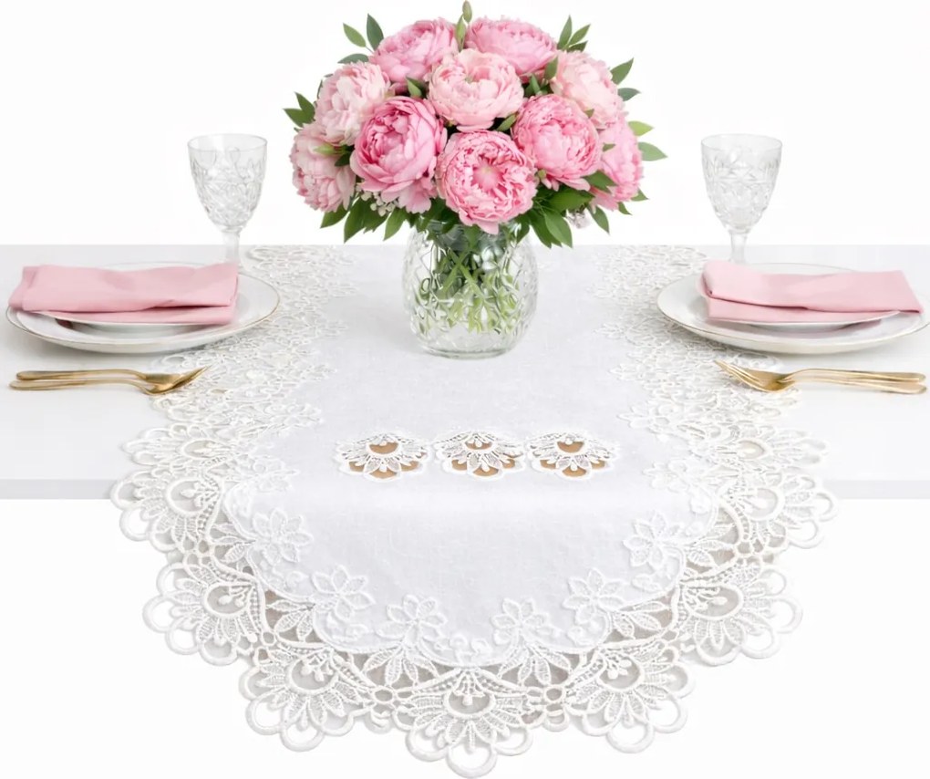 Futópad abrosz Ovális Fehér sima asztalra gipiurával 60x120 cm Ovális csipke
