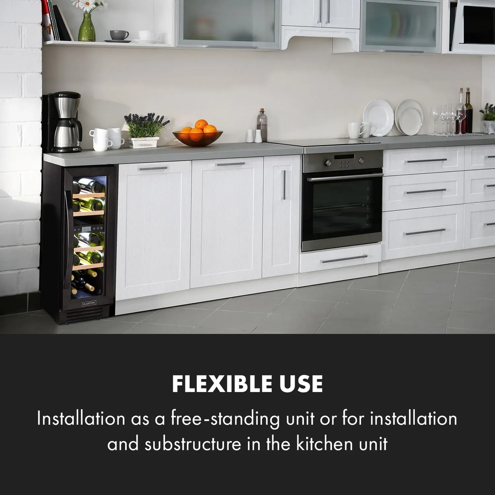 Klarstein Vinovilla 17 Built-in Duo Onyx Edition, kétzónás borhűtő, 53 liter, 17 palack, 3 színű LED világítás, üvegajtó
