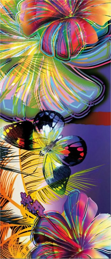 Öntapadós matrica Fotótapéta Trópusi virágok és pillangók éjszaka 91x211