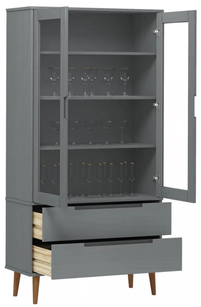 MOLDE szürke tömör fenyőfa vitrin szekrény 90 x 35 x 175 cm