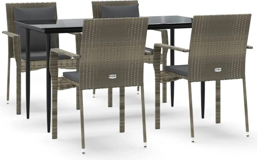 vidaXL 5 részes fekete és szürke polyrattan kerti étkezőszett párnával