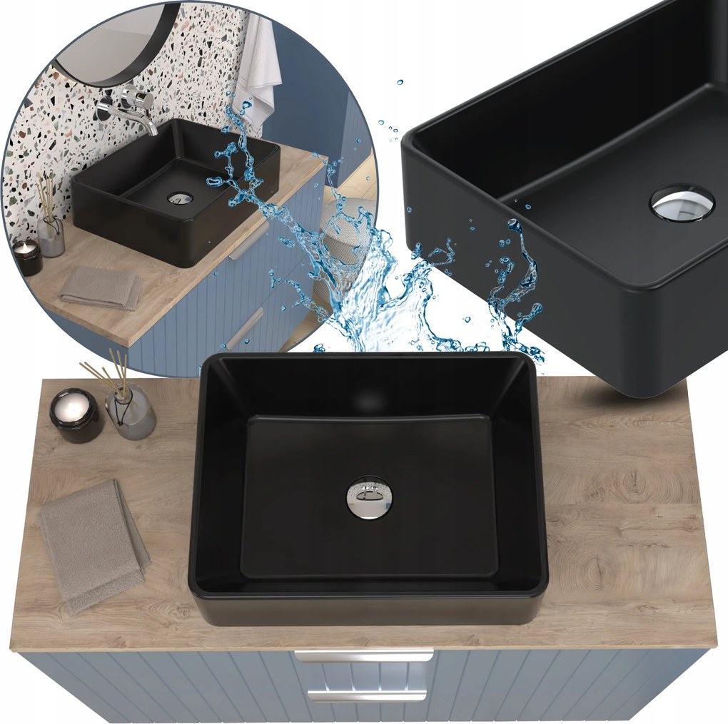 Mosdókagyló Gránit Konglomerátum 50 Fekete Téglalap Alakú, Túlfolyó Nélkül