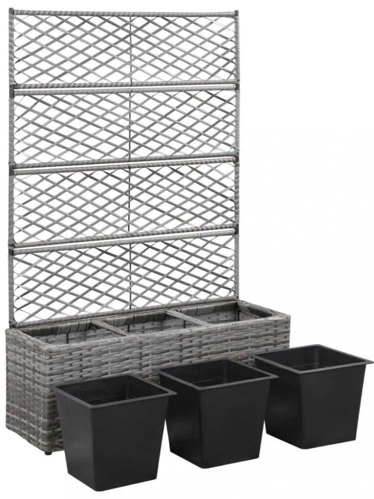 szürke rácsos polyrattan magaságyás 3 kaspóval 83 x 30 x 130 cm