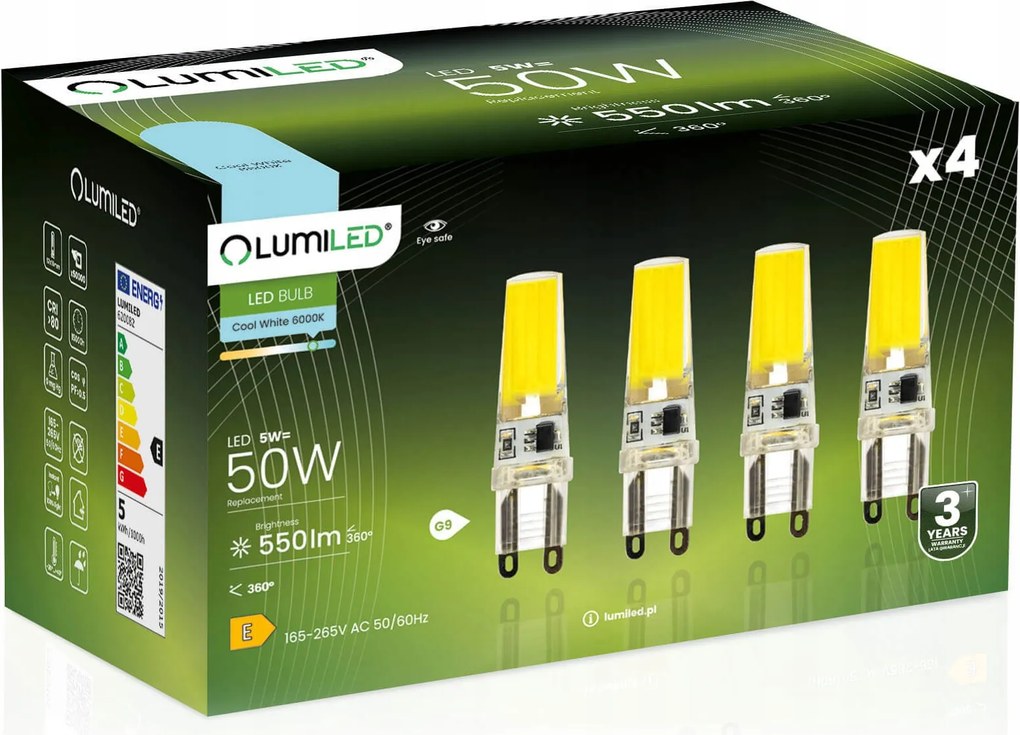4x Led izzó Kapszula Mini G9 5W 50W 6500K Hideg szín Cob 230V Lumiled