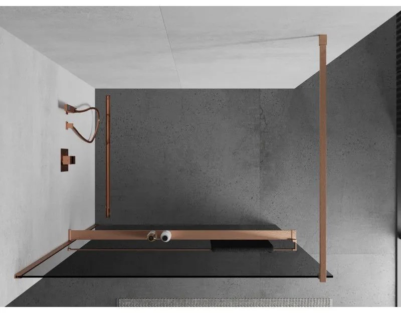 Mexen Kioto+, Walk-In zuhanyparaván polccal és akasztóval 100 x 200 cm, 8mm szürke üveg, réz matt profil, 800-100-121-65-40