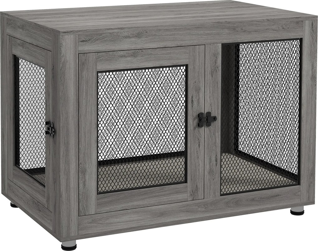 PawHut Otthoni Kutyakerítés, Kutyaketrec 2 Ajtóval, Mosható Párnával, Kutyaház Állítható Lábakkal, Zárakkal, Nagy Kutyák Számára 30 kg-ig, Szürke, 94