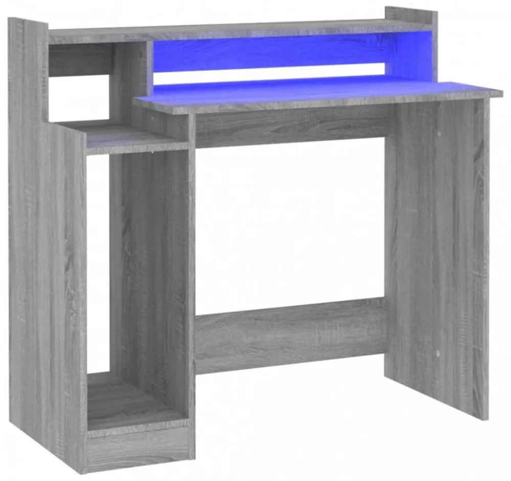 szürke sonoma színű szerelt fa íróasztal LED-ekkel 97x45x90 cm