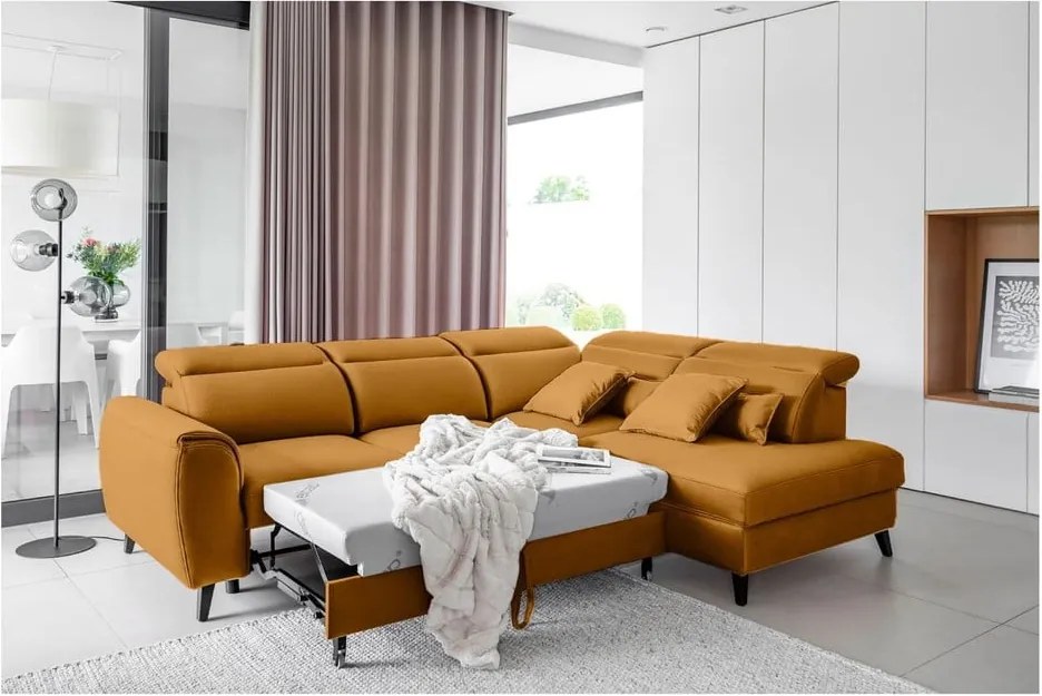 Sárga bársony kinyitható-tárolóhelyes sarokkanapé (jobb oldali-L alakú) Noble – ELTAP