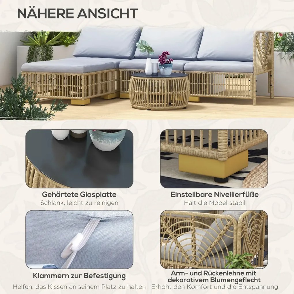 Outsunny Kerti bútor szett, 5 részes, ülőpárnákkal együtt, szintetikus rattan, rozsdamentes acél váz, világosszürke