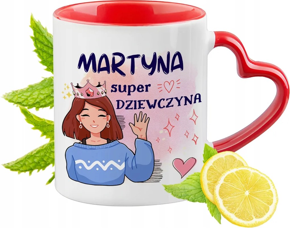 Piros bögre szív alakú füllel Martinának Ajándék
