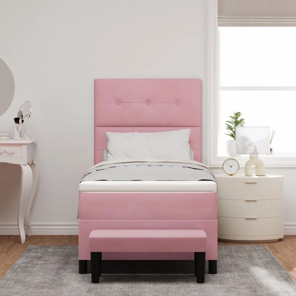 Box spring ágy matraccal és pad rózsaszín 90x190 cm velúr