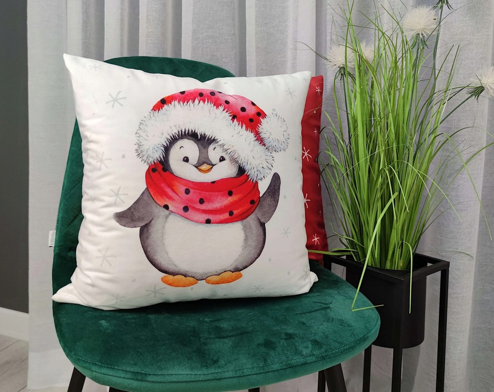 Karácsonyi díszpárnahuzat Pingvin Mikulás 40x40 Velvet velúr