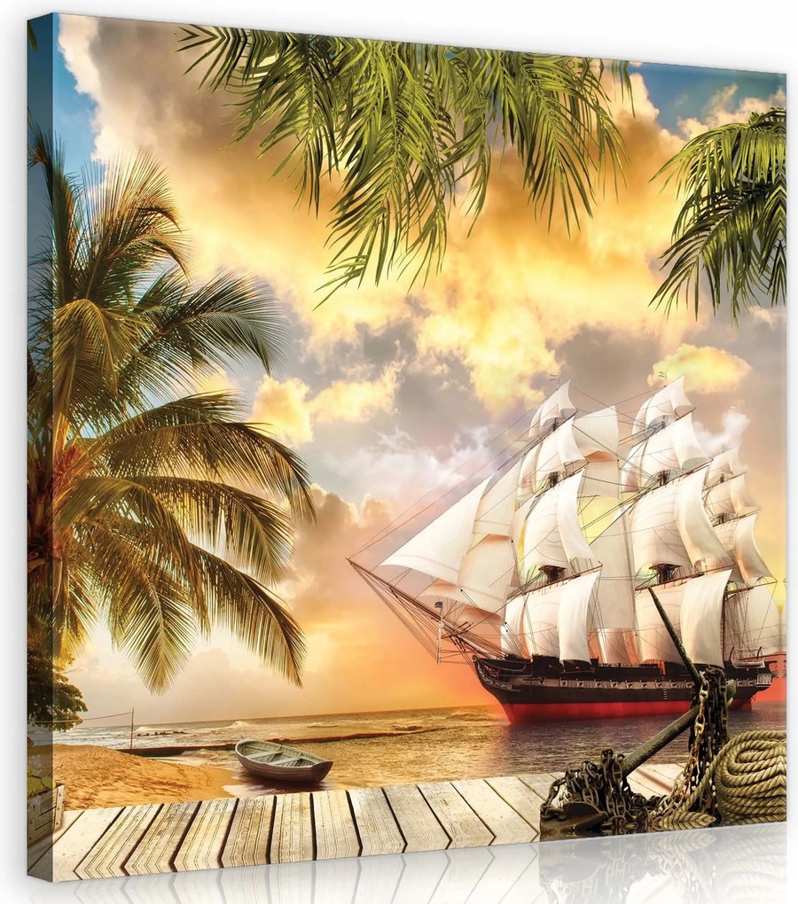 Vászonkép 80x80 Trópusi sziget tenger vitorlás pálmafák tengerpart kincs kaland