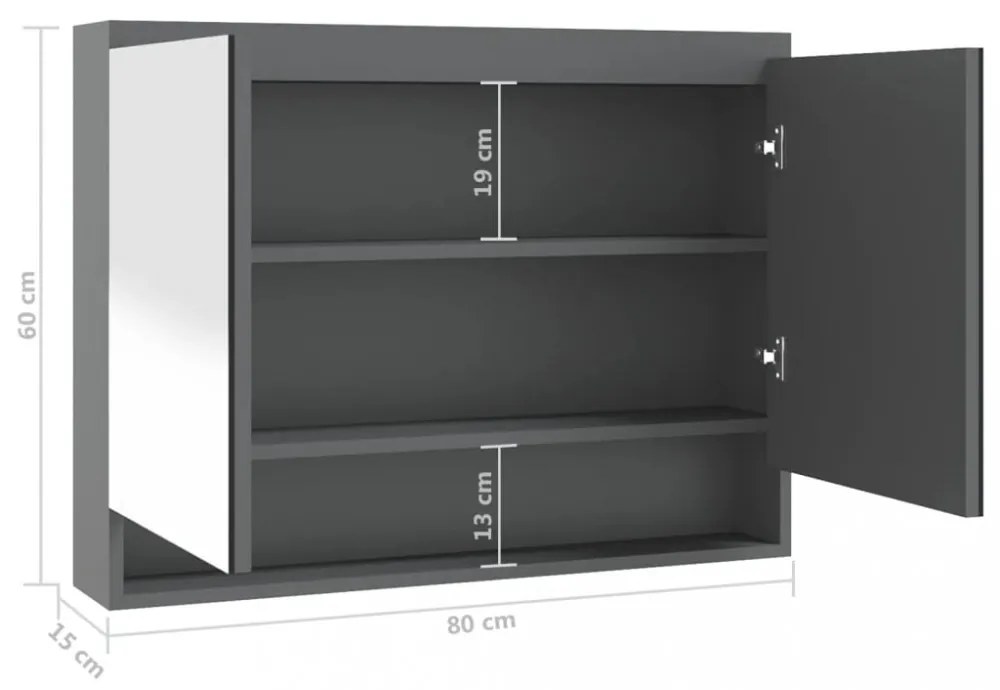 fényes szürke MDF tükrös fürdőszobaszekrény 80 x 15 x 60 cm