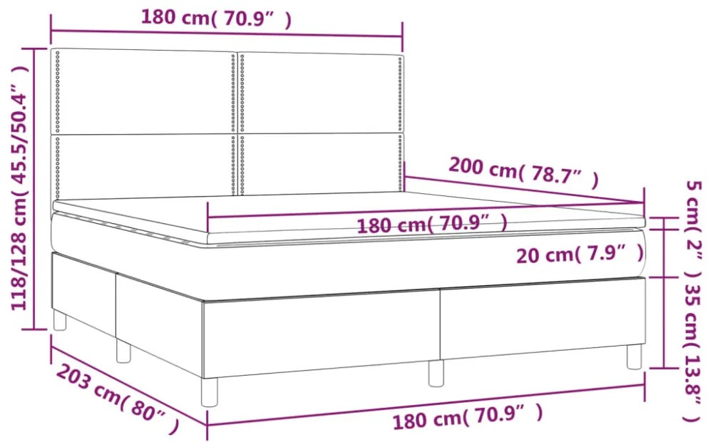 sötétkék bársony rugós és LED-es ágy matraccal 180x200 cm