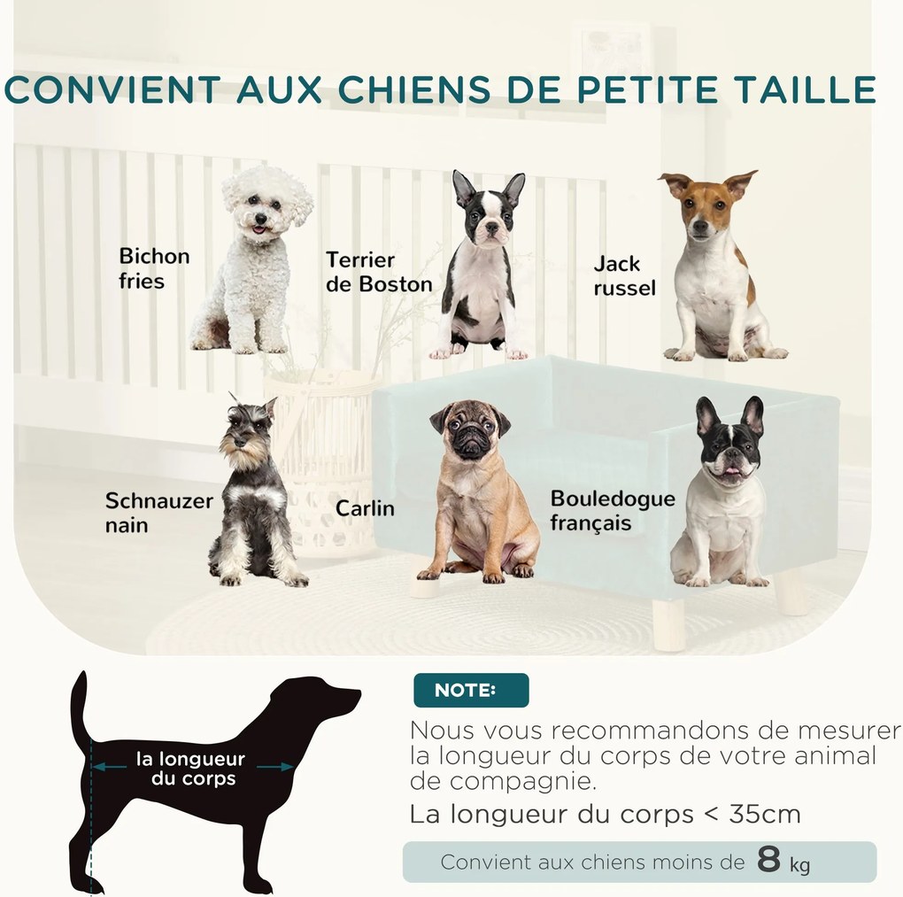 PawHut Kutya Kanapé Ágy Skandináv Dizájnnal, Párnával és Fa Lábakkal 64 x 45 x 36 cm Tengerészkék Velúr | Aosom