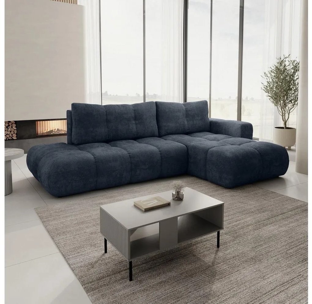 ALMADA jobb oldali, ágyazható L alakú kárpitozott sarokülőgarnitúra tárolóval, kék