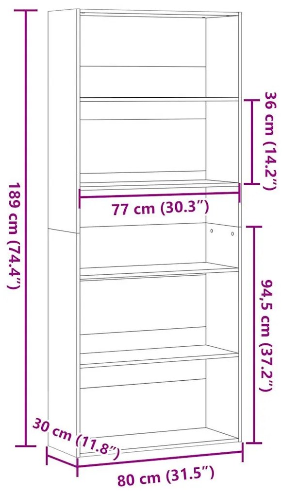 füstös tölgy színű szerelt fa könyvszekrény 80 x 30 x 189 cm