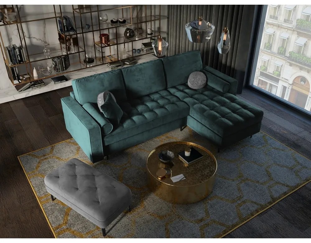 Santo olajzöld kinyitható bársony sarokkanapé, jobb oldali - Milo Casa