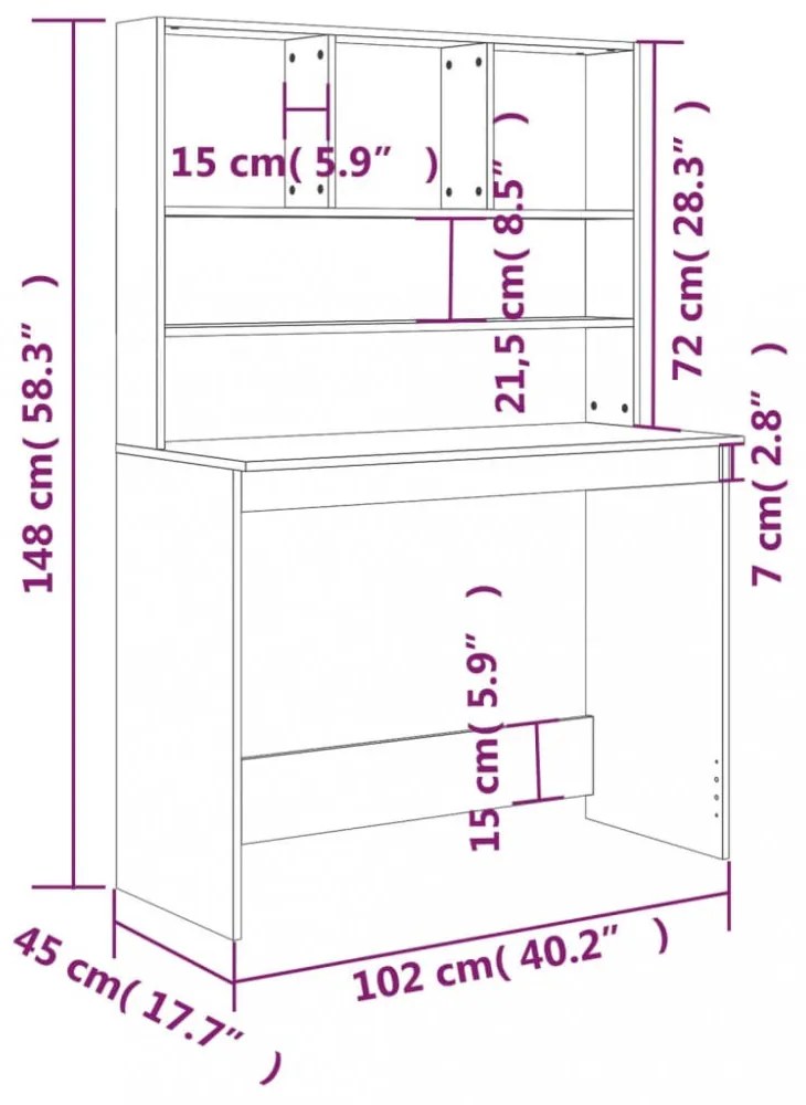 szürke sonoma színű szerelt fa íróasztal polcokkal 102x45x148cm