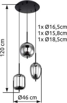 Globo 15345-3 Függeszték fekete fém váz, füstszínű 3 különböző méretű, és formájú üvegbúrával. Ø:460, H:1200, exkl. 3xE14 40W 230V
