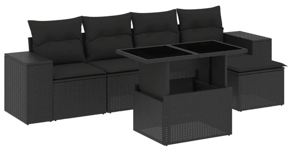6 részes fekete polyrattan kerti ülőgarnitúra párnákkal