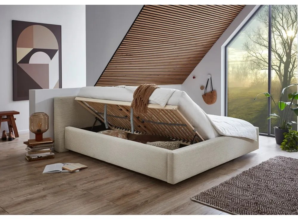 Bézs kárpitozott franciaágy tárolóhellyel ágyráccsal 180x200 cm Cube – Meise Möbel