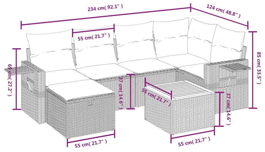 7 részes bézs polyrattan kerti ülőgarnitúra párnákkal