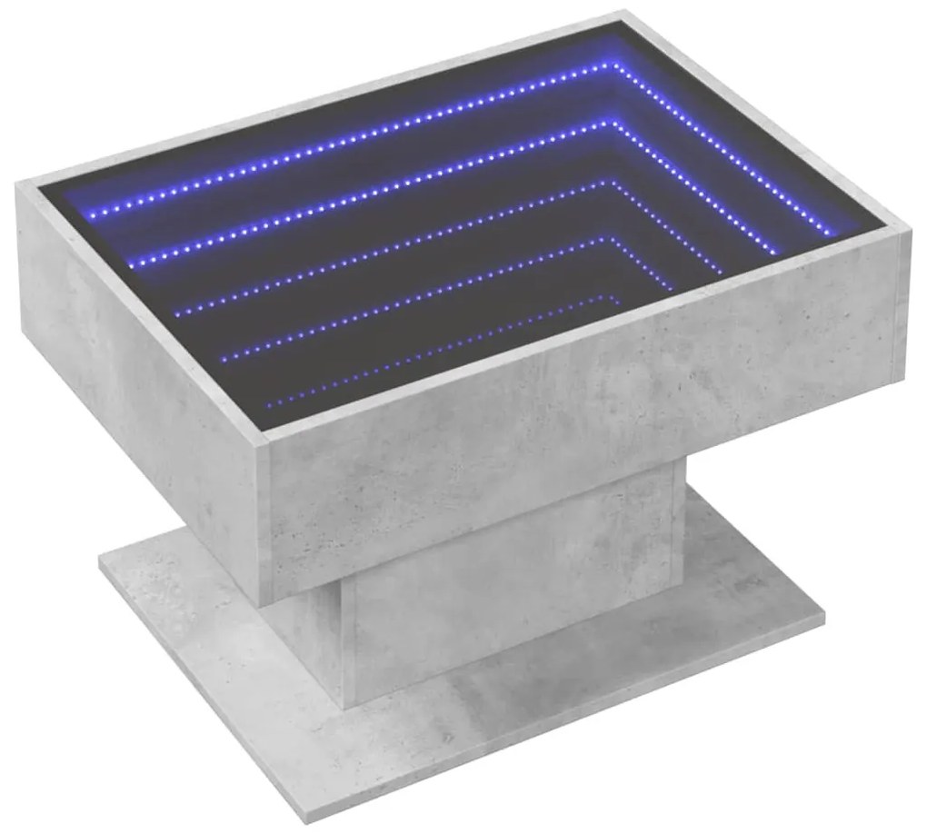 Betonszürke szerelt fa dohányzóasztal LED-del 70 x 50 x 45 cm