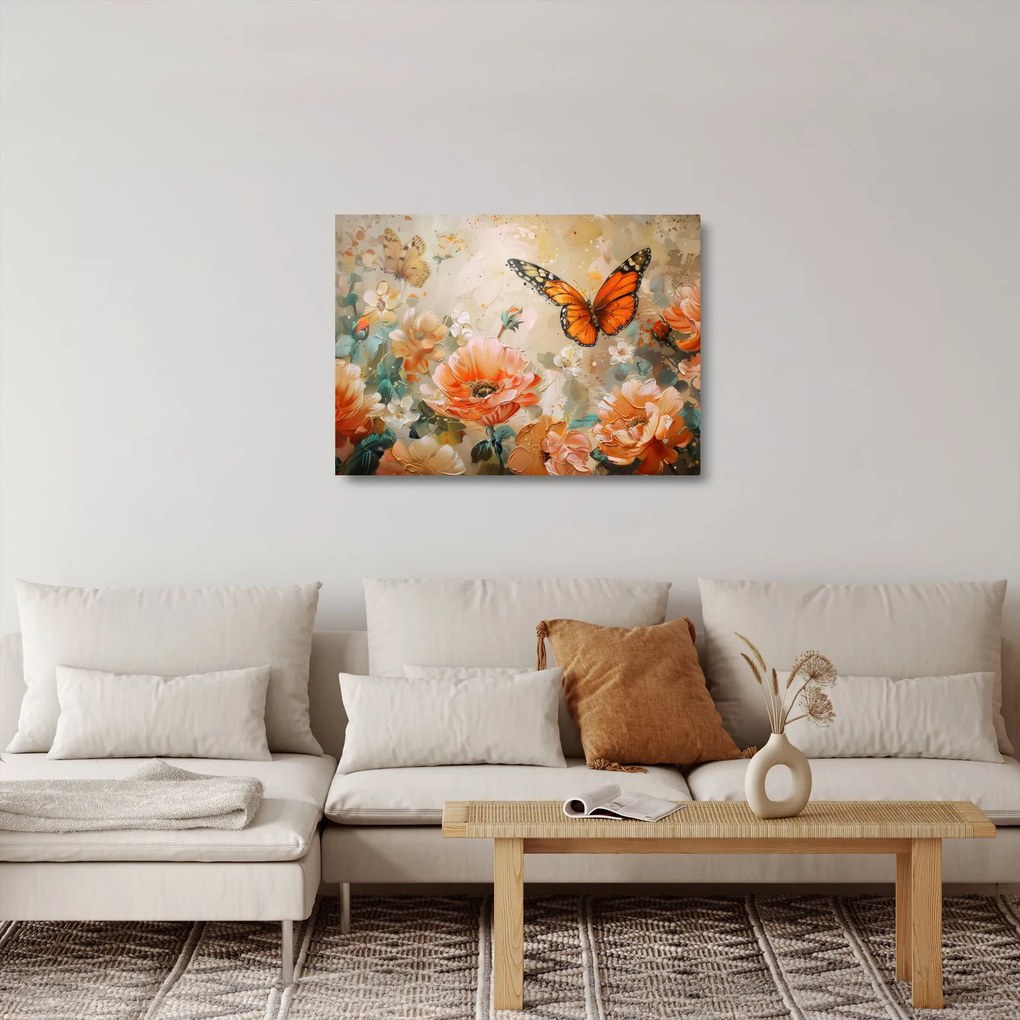 Üveg kép - Pillangó és virágok, olajfestmény (70x50 cm)