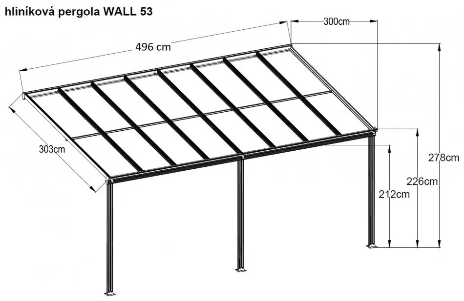LanitPlast WALL 53 Alumínium pergola a falhoz, méretek 4,96 x 3 m, antracit színű, tető - polikarbonát opal 6 mm