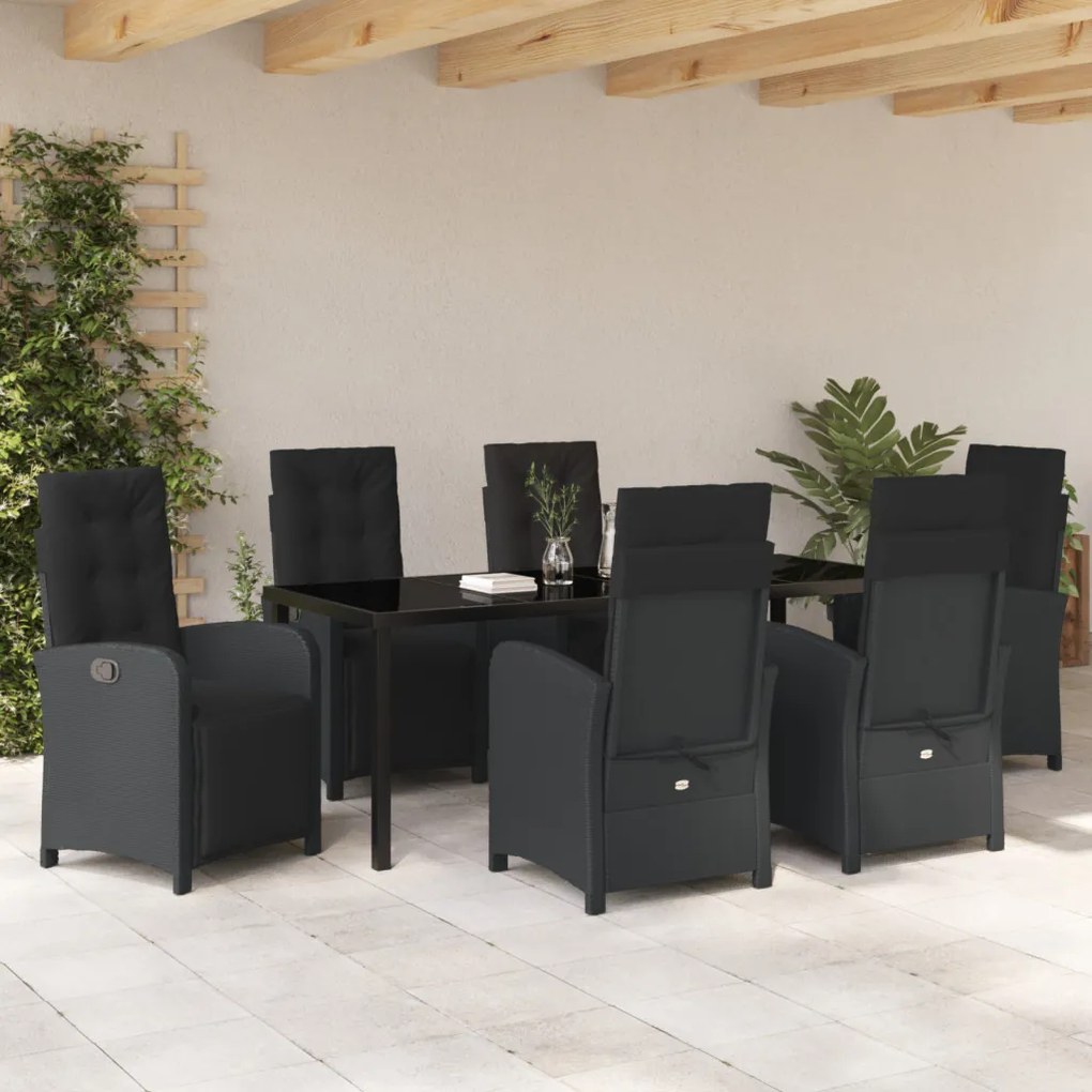 7 darabos kert étkezőgarnitúra párnákkal fekete poli rattan, kert asztal fekete 200x80x73 cm edzett üveg