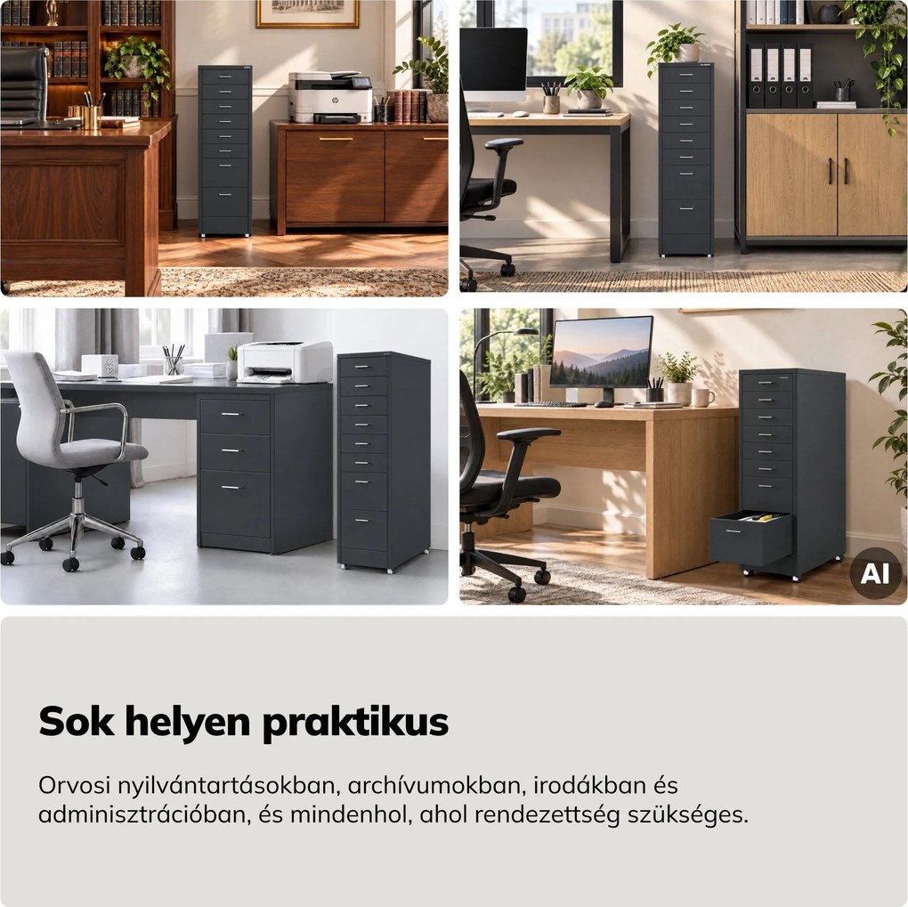 Kartotékszekrény görgőkkel, fém, 8 fiókos, dokumentumokhoz, antracit, 300x1100x600 mm: SARA V8