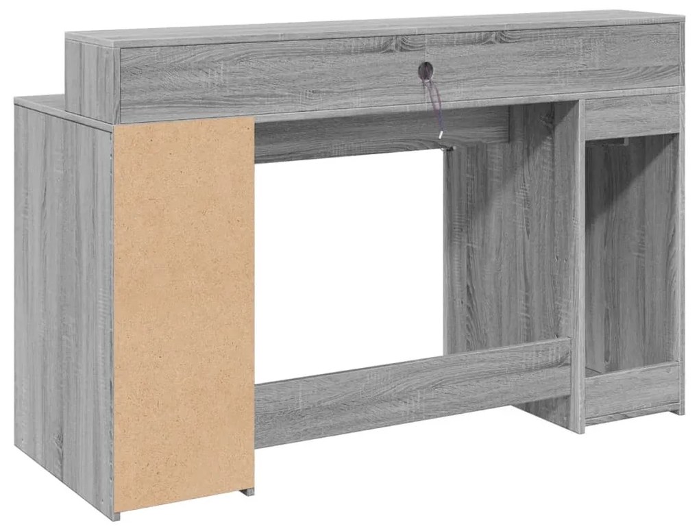 szürke sonoma színű szerelt fa íróasztal LED-ekkel 140x55x91 cm
